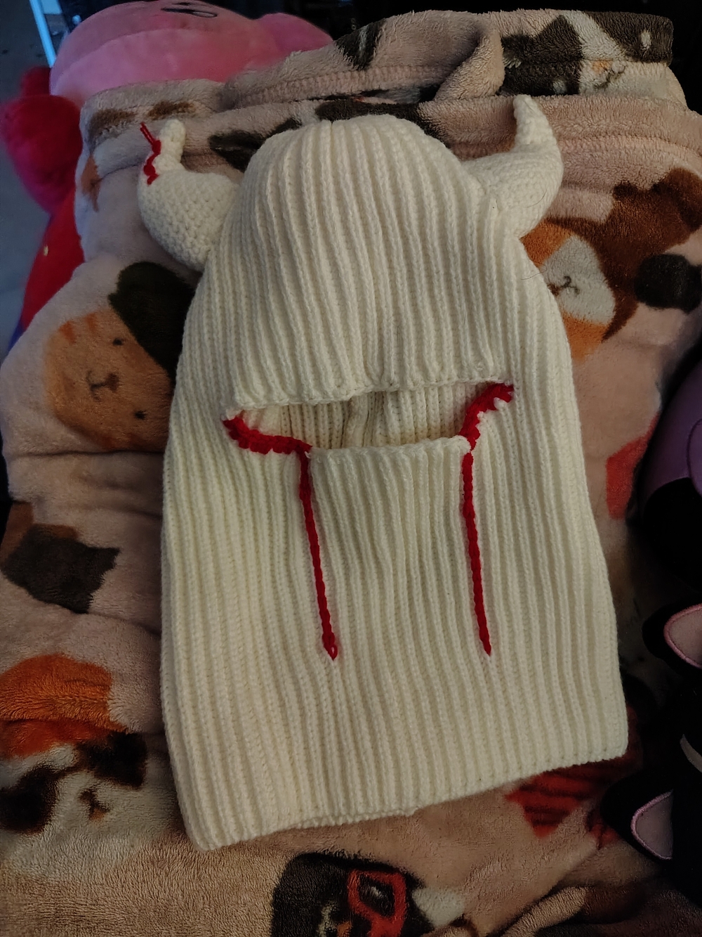 White Knit Horned Beanie with Red Accent